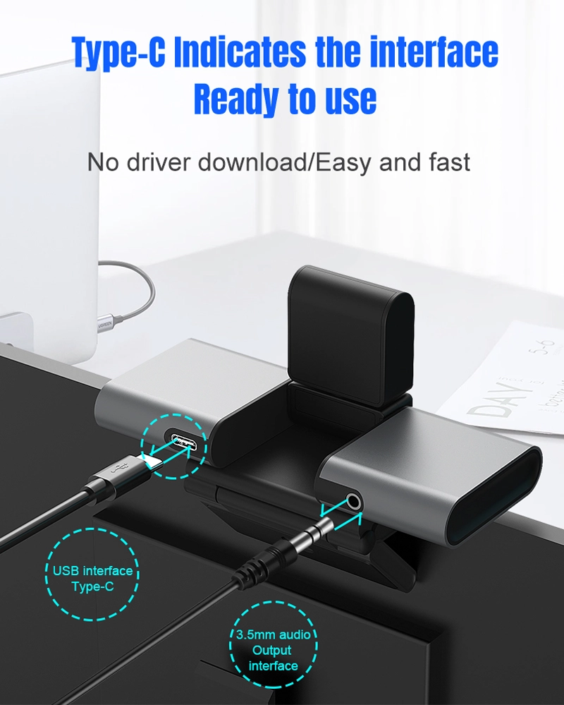 K100 rear panel showing USB Type-C port and 3.5mm audio output jack