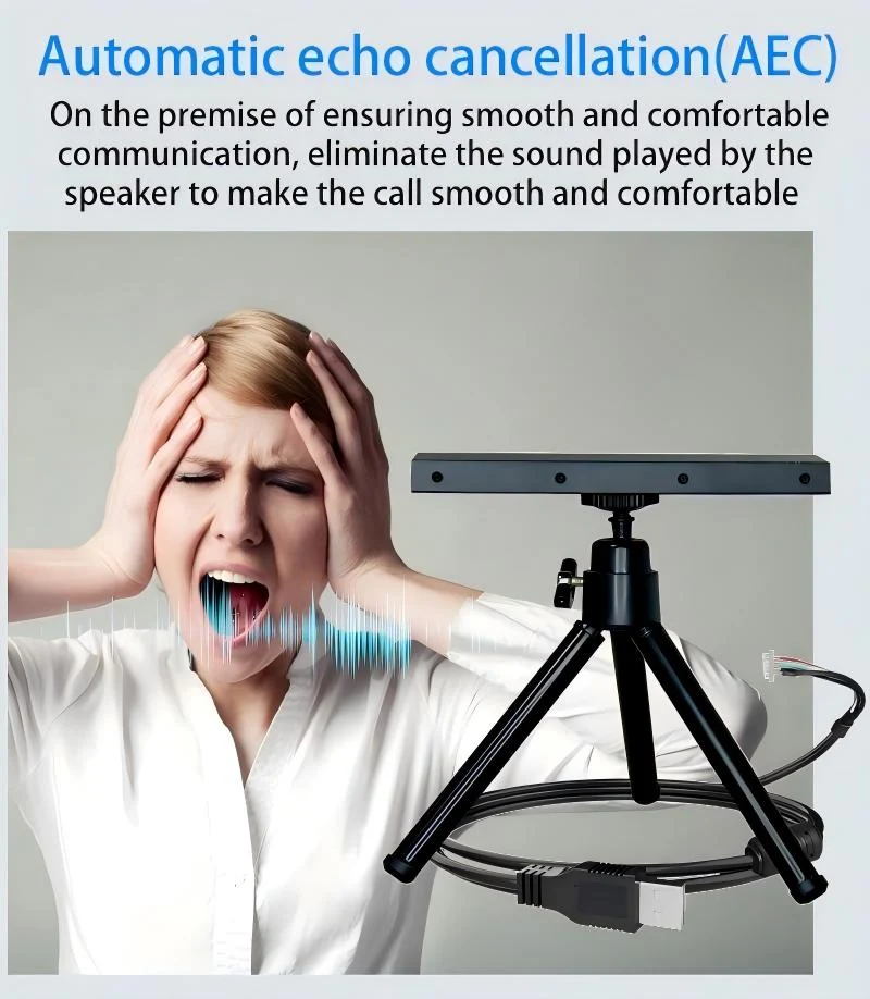 HK-M40 microphone array on a tripod in an illustration of acoustic echo cancellation