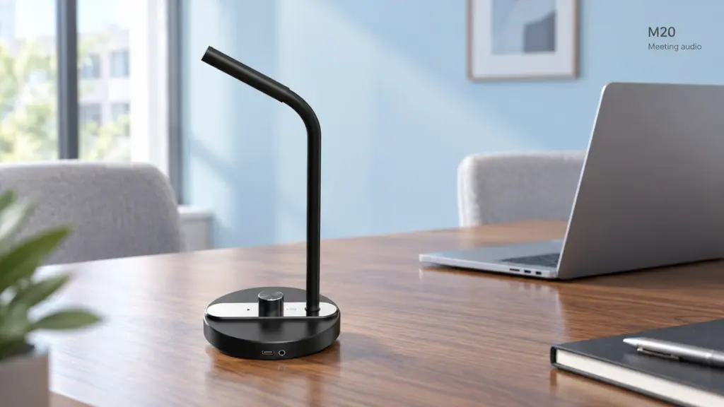 M20 directional microphone beside a laptop on a meeting table
