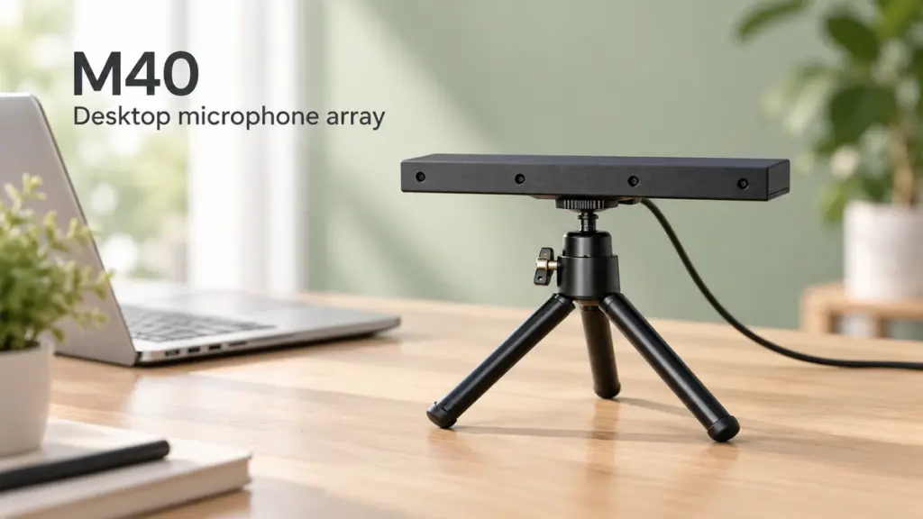 M40 microphone array on a compact tripod beside a laptop