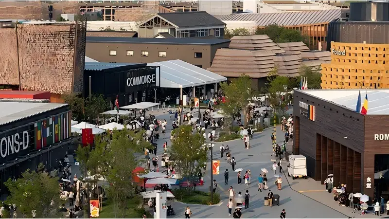 Visitors walking between national pavilions at the Osaka World Expo